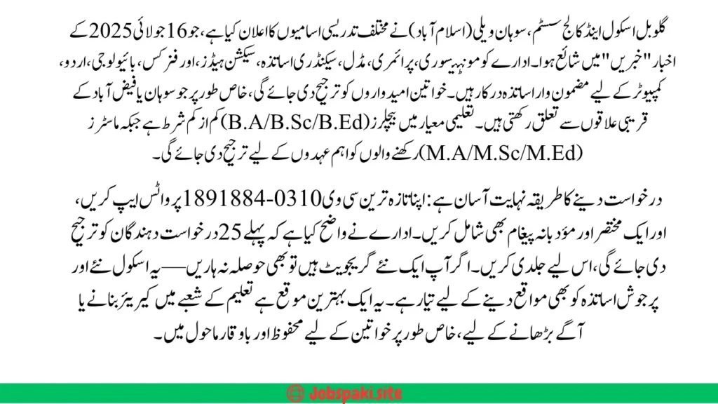 Global School & College Sohan Recruitment 2025