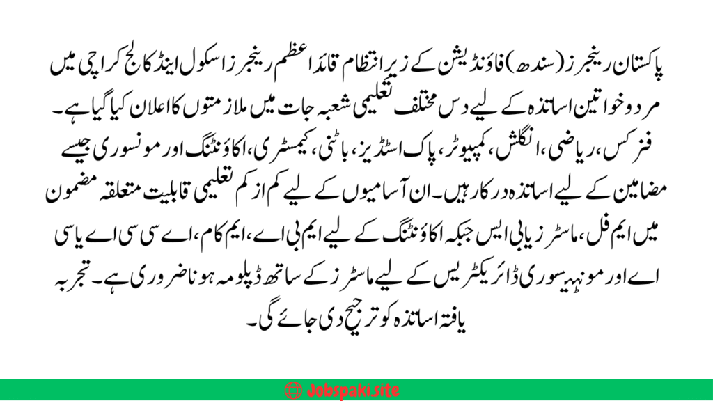 Pakistan Rangers (Sindh) Foundation Hiring Teachers 2025